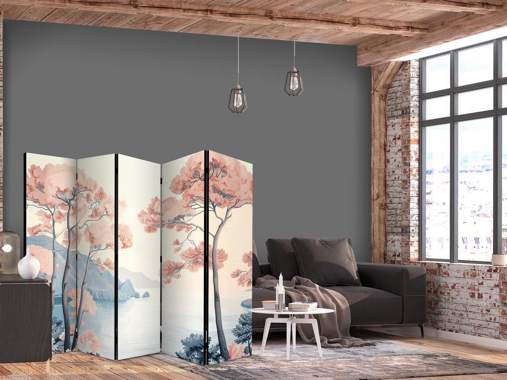 Room Divider - Landscape with the Ocean - Cliffs - and Trees in Delicate Pink Shades- A 5 Panel Folding Screen For Living rooms, bedrooms or home office, decorative folding screen made with wood and canvas