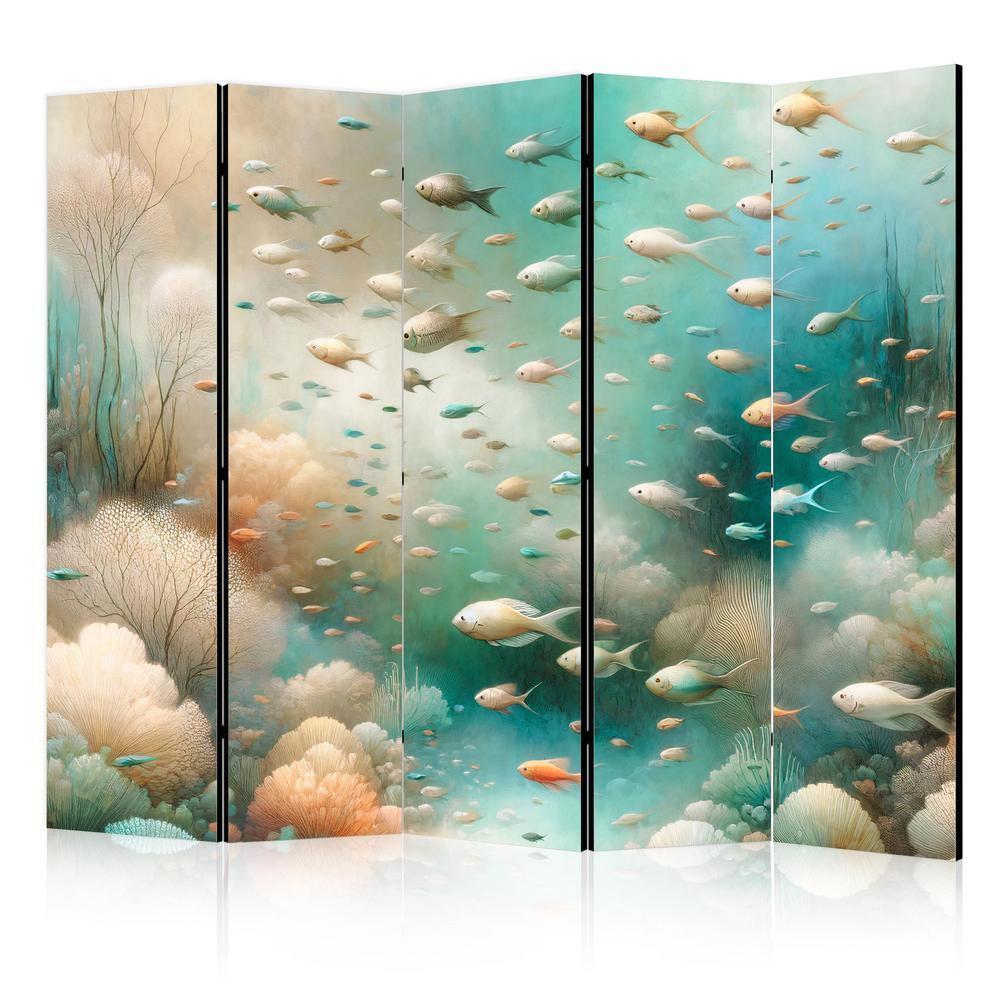 Room Divider - Spectacular Underwater Landscape - Fish in an Underwater World in Turquoise Blue Beige and Delicate Orange Colors- A 5 Panel Folding Screen For Living rooms, bedrooms or home office, decorative folding screen made with wood and canvas