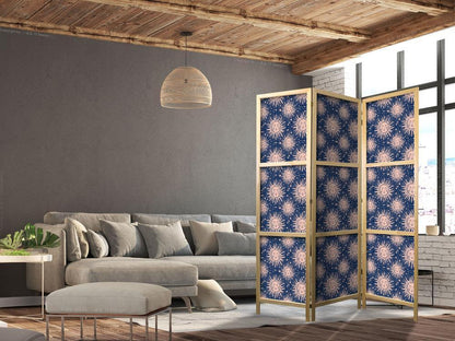 Japanese Room Divider - Sunny Patterns - Repeating Sun Motif on a Navy Background