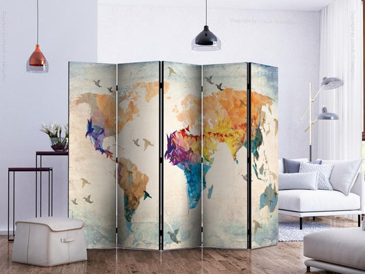 Decorative partition-Room Divider - Paper birds II-Folding Screen Wall Panel by ArtfulPrivacy