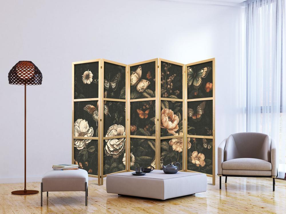 Japanese Room Divider - Mysterious Garden - Butterflies Flying Over Flowers - Rustic Evening