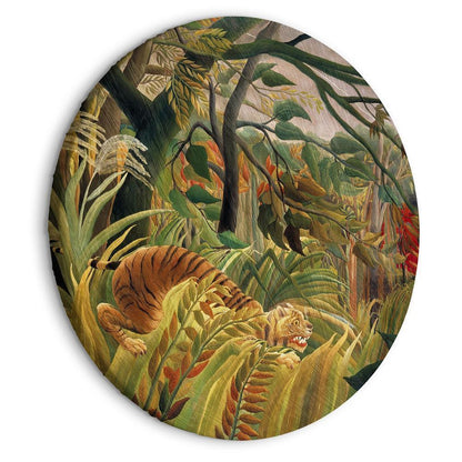 Circle shape wall decoration with printed design - Round Canvas Print - Tiger in a Tropical Storm (Henri Rousseau) - ArtfulPrivacy