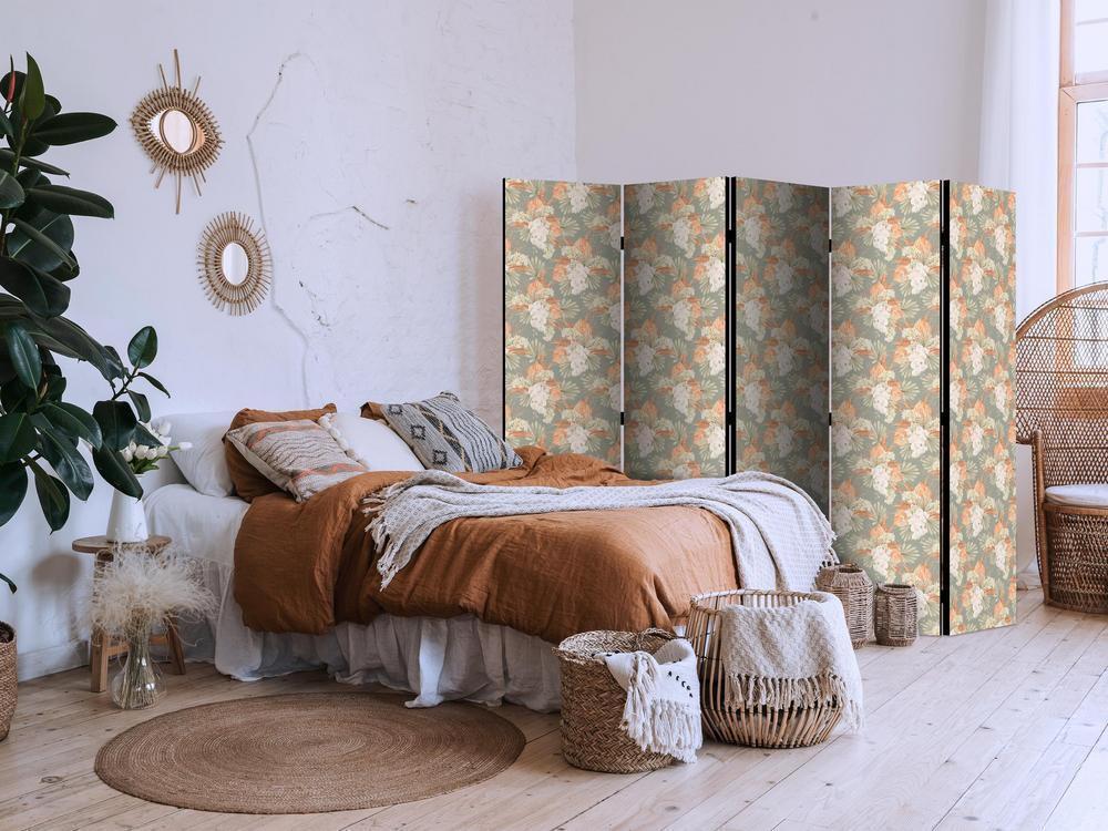 Room Divider - Little Bouquets - Exotic Flowers and Leaves on a Gray-Green Background- A 5 Panel Folding Screen For Living rooms, bedrooms or home office, decorative folding screen made with wood and canvas