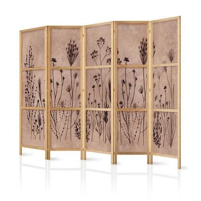 Japanese Room Divider - Plant Vintage - Delicate Field Flowers on a Background in Lime Wash Technique