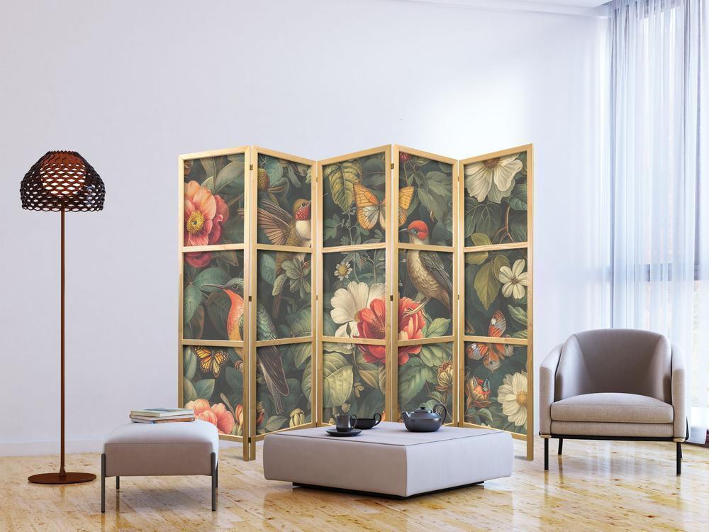 Japanese Room Divider - In the Botanical Garden - Flowers Birds and Butterflies - Colorful Illustration