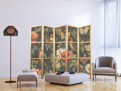 Japanese Room Divider - In the Botanical Garden - Flowers Birds and Butterflies - Colorful Illustration