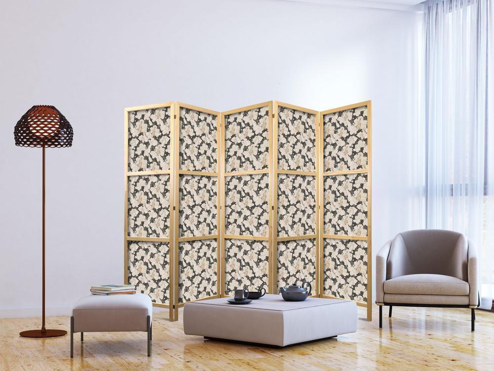 Japanese Room Divider - Among Pink Shrubs - White and Beige Rabbits on a Blooming Meadow