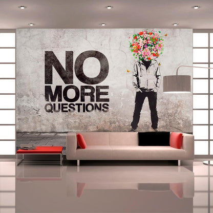 Wall Mural - Head of Flowers - Graphic of a Man and English Text on Gray Background-Wall Murals-ArtfulPrivacy