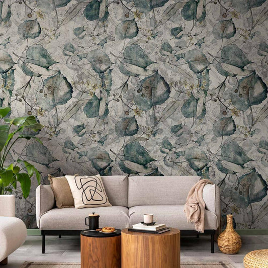 Wall Mural - Autumn souvenirs - cool grey floral pattern with leaves