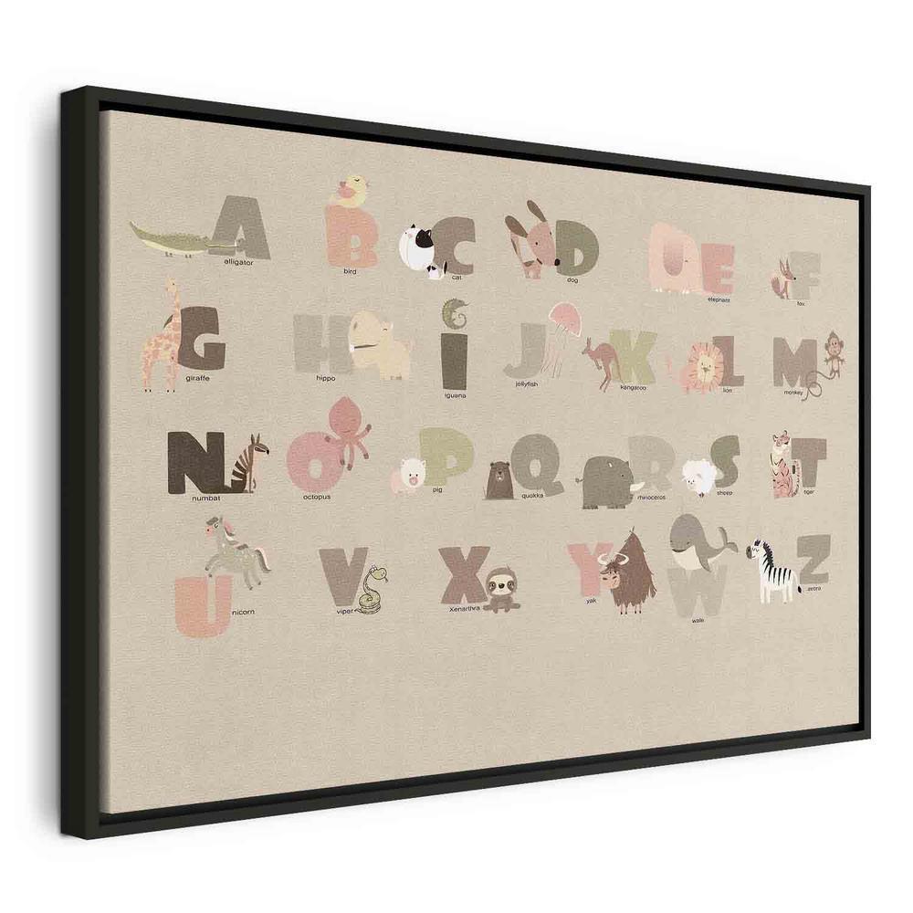 Impression sur toile - Alphabet au zoo - Animaux joyeux et leurs noms sur fond beige