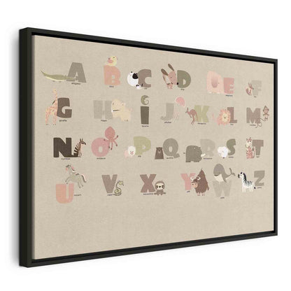 Impression sur toile - Alphabet au zoo - Animaux joyeux et leurs noms sur fond beige