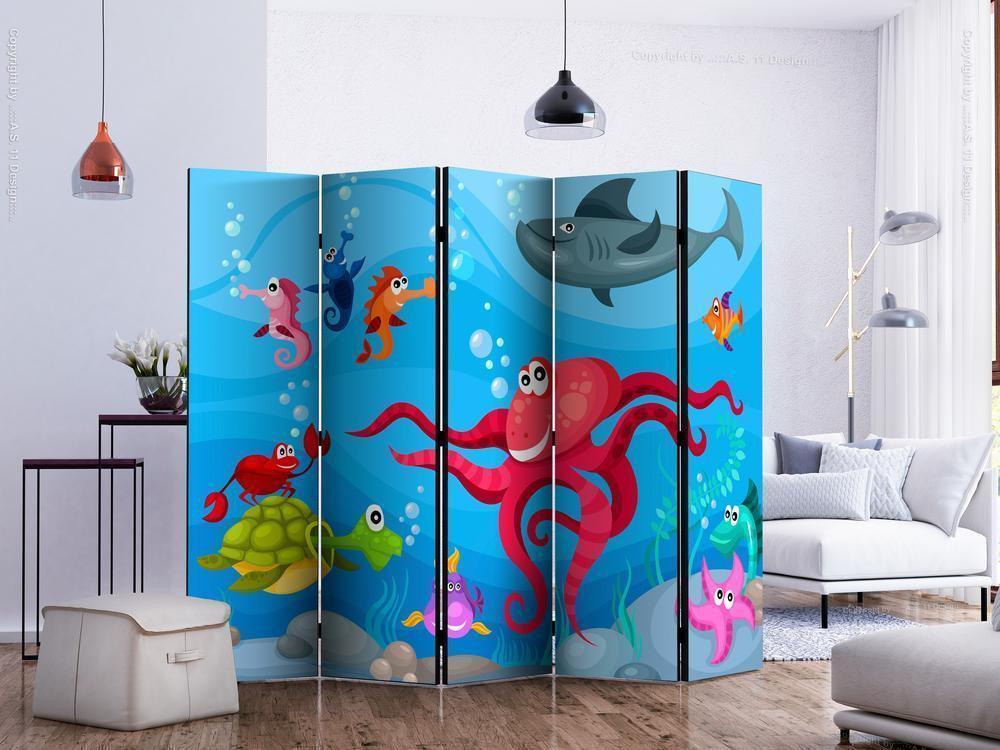 Decorative partition-Room Divider - Octopus and shark II-Folding Screen Wall Panel by ArtfulPrivacy