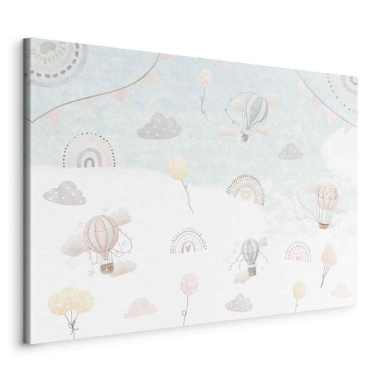 Canvas Print - Sky with Balloons - Balloons in Subdued Colors Flying in the Sky Among Clouds Rainbows and Stars