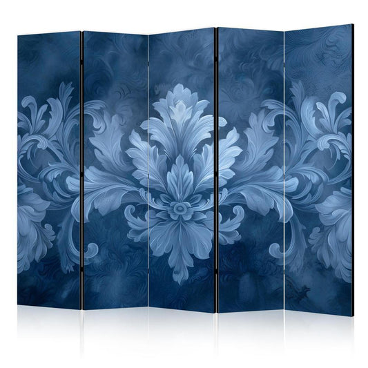 Room Divider - Ornament in Blue and Cool Colors Dark Blue Decoration- A 5 Panel Folding Screen For Living rooms, bedrooms or home office, decorative folding screen made with wood and canvas