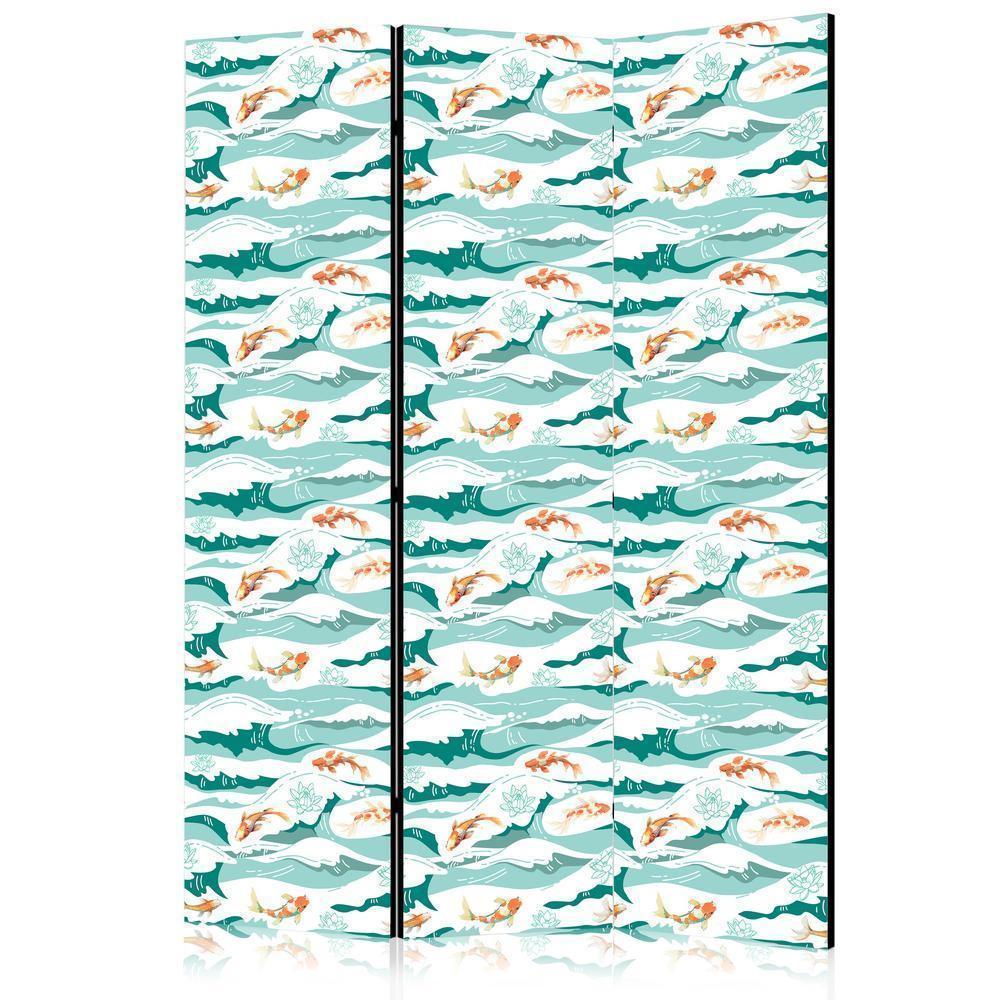 Room Divider - Fish Leaping Above the Waves - Oriental Fish and Water Lilies Among High Waves in Sea Green Colors