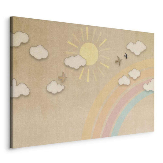 Canvas Print - Holiday Sky - Sunny Day with a Rainbow and Flying Birds