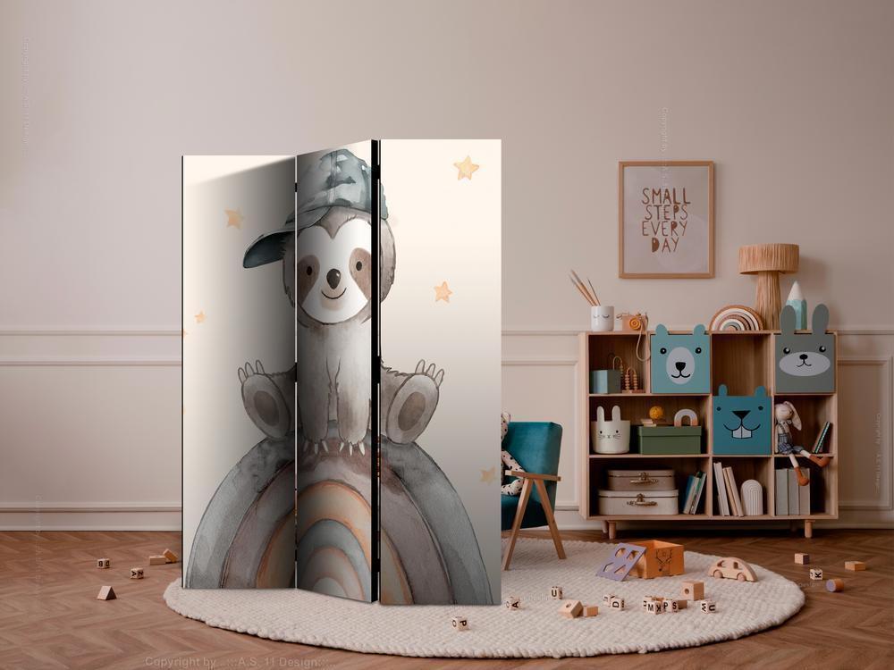 Room Divider - Happy Sloth - Sloth in Muted Colors - Wearing a Cap - Sitting on a Rainbow Among the Stars