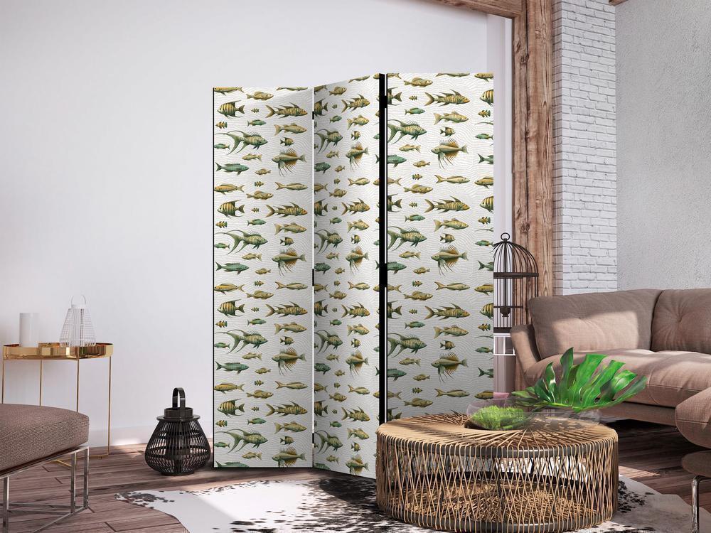 Room Divider - Unusual Species of Fish - A Cluster of Fish in Muted Colors in Retro Style on a Background of Beige Strokes