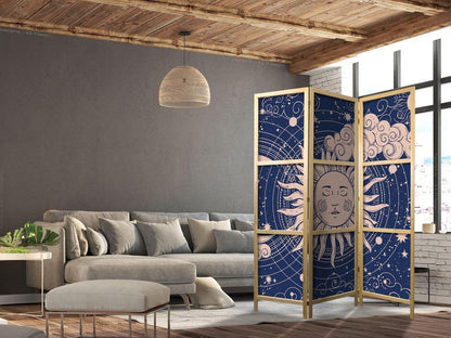 Japanese Room Divider - Cosmic Harmony - Illustration of the Sun and Moon on a Navy Background