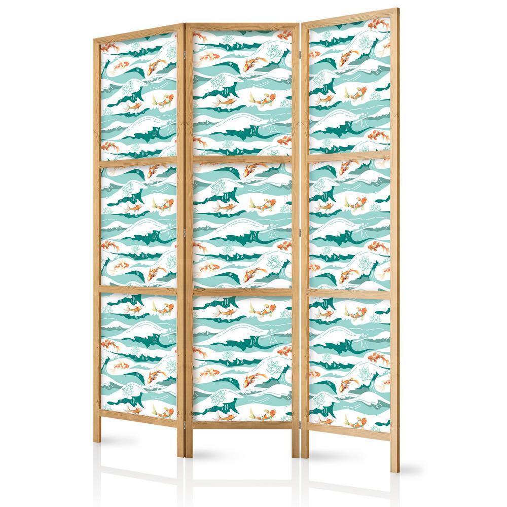 Japanese Room Divider - Fish Jumping Over Waves - Oriental Fish and Water Lilies Among High Waves in Shades of Sea Green