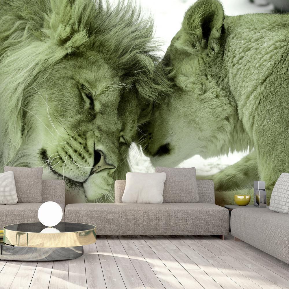 Wall Mural - Lion Tenderness (Green)-Wall Murals-ArtfulPrivacy