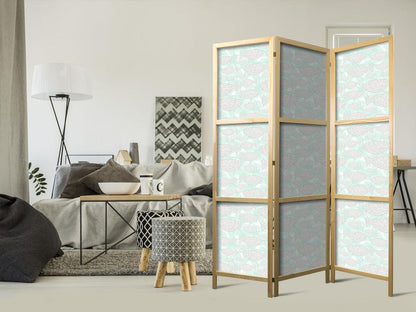 Japanese Room Divider - Minimalist Fish - Fish from Gray Dots on the Crystal Clear Water Surface in Mint Green