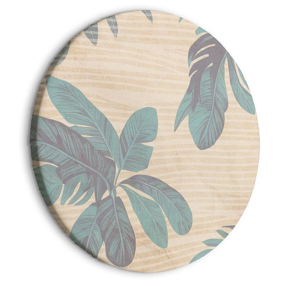 Circle shape wall decoration with printed design - Round Canvas Print - Palm trees behind the mist - Showy palm leaves in a soft shade of green on a slightly wavy sand background/Misty tropics - ArtfulPrivacy