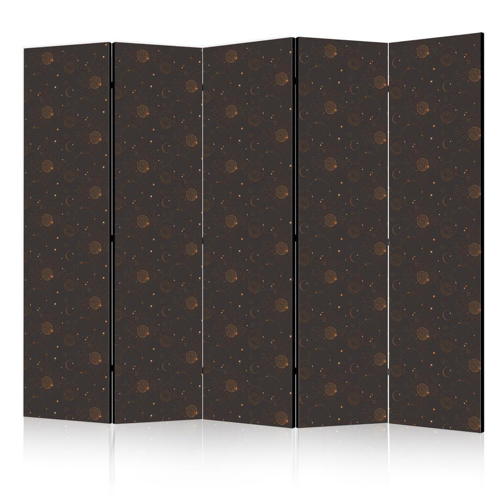 Room Divider - Night Sky - Artistic Composition of Suns and Planets on a Black Background- A 5 Panel Folding Screen For Living rooms, bedrooms or home office, decorative folding screen made with wood and canvas