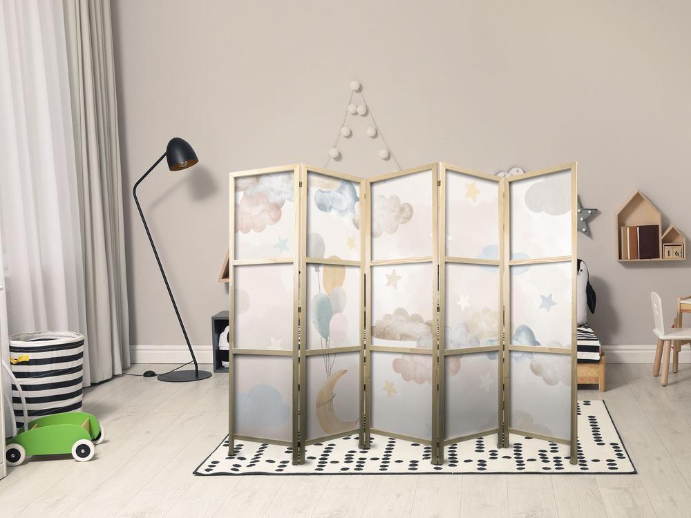 Japanese Room Divider - Fairy-Tale Moon - Moon with balloons among clouds and stars in subdued colors on a light beige background