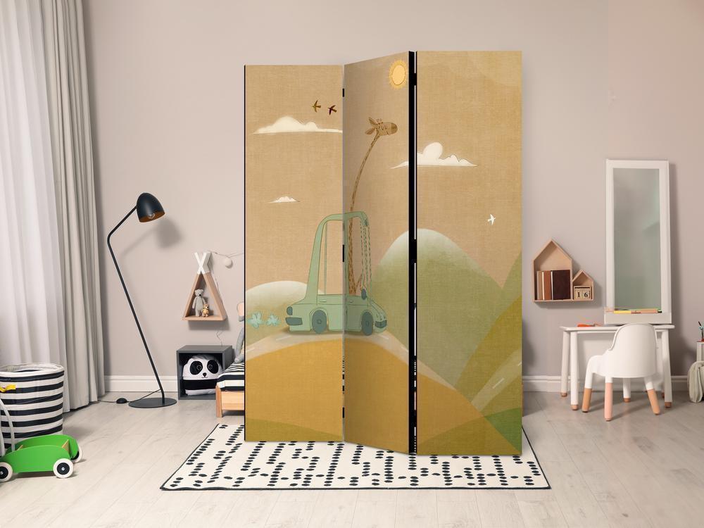 Room Divider - Dreamy Traveler - Giraffe Driving a Car on a Beautiful Sunny Day