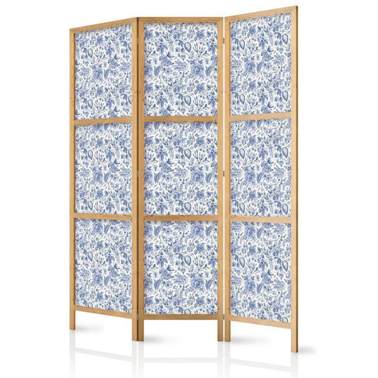 Japanese Room Divider - Illustration in Vintage Style - Blue Flowers on a White Background