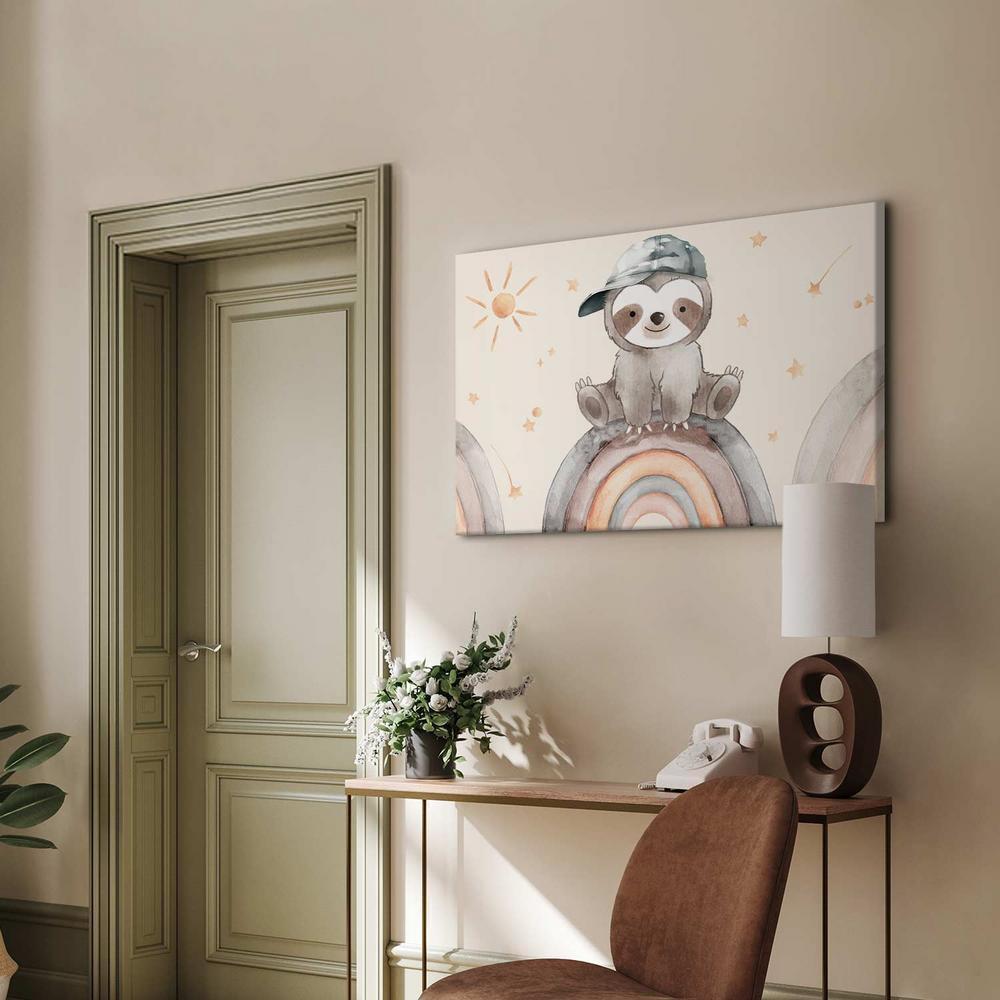 Canvas Print - Happy Sloth - Sloth in Subdued Colors Wearing a Cap Sitting on a Rainbow Among Little Stars