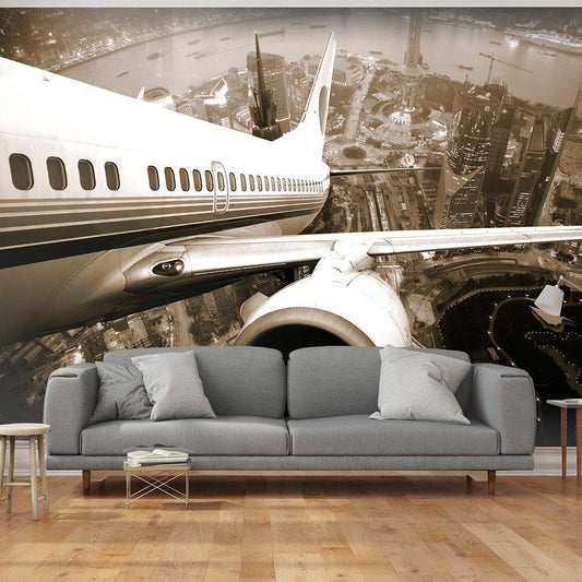 Wall Mural - Airplane taking off from the city-Wall Murals-ArtfulPrivacy