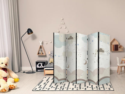 Room Divider - Cloudy Night Sky - Moons in Browns and Beiges Amid Numerous Clouds and Stars on a Light Background- A 5 Panel Folding Screen For Living rooms, bedrooms or home office, decorative folding screen made with wood and canvas