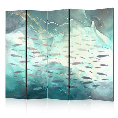 Room Divider - Escaping Fish - Very Fast Swimming Fishes in Muted Colors Among Sea Depths- A 5 Panel Folding Screen For Living rooms, bedrooms or home office, decorative folding screen made with wood and canvas