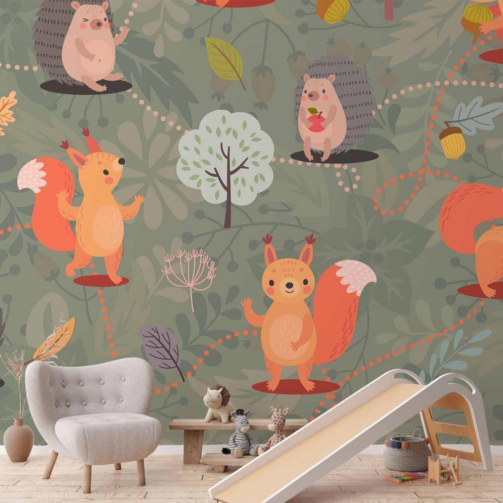 Wall Mural - Friends from the forest - colourful forest with mushrooms and animals for children