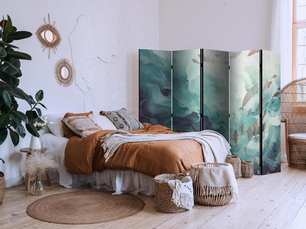 Room Divider - Three Schools of Fish - Fish in Muted Colors Swimming in Groups in Oceanic Depths- A 5 Panel Folding Screen For Living rooms, bedrooms or home office, decorative folding screen made with wood and canvas