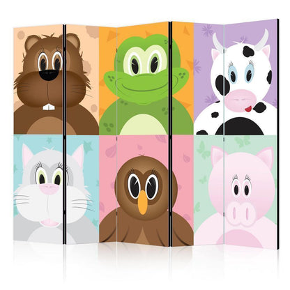 Room Divider - Cheerful animals II- A 5 Panel Folding Screen For Living rooms, bedrooms or home office, decorative folding screen made with wood and canvas