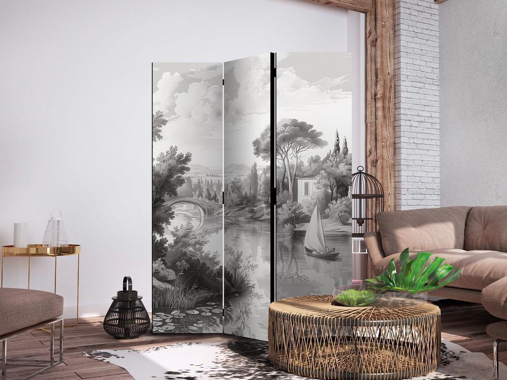 Room Divider - Black and White Vintage Landscape - Retro View of a Pond with a Boat