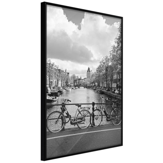 Black and White Framed Poster - Bicycles Against Canal-artwork for wall with acrylic glass protection