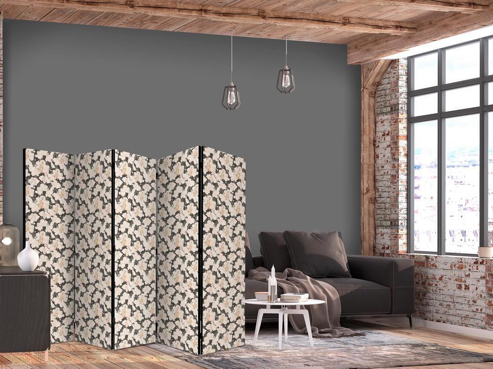 Room Divider - Among Pink Shrubs - White and Beige Rabbits on a Blooming Meadow- A 5 Panel Folding Screen For Living rooms, bedrooms or home office, decorative folding screen made with wood and canvas