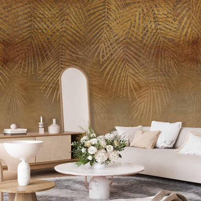 Wall Mural - Abstract nature in beige - composition with golden exotic leaves