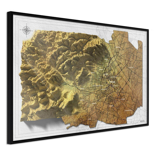 Golden Art Poster - Raised Relief Map: Vienna-artwork for wall with acrylic glass protection