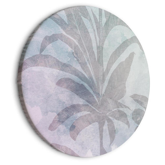 Circle shape wall decoration with printed design - Round Canvas Print - Palm trees in the fog - Palm trees among pastel clouds in purple and celadon tones/Misty tropics - ArtfulPrivacy