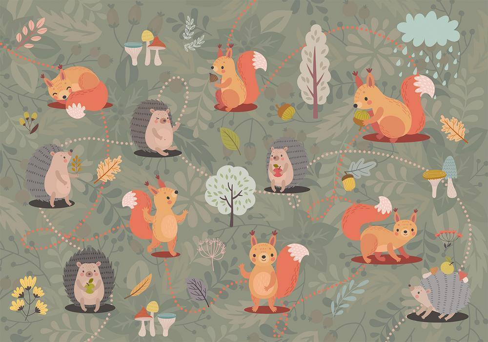 Wall Mural - Friends from the forest - colourful forest with mushrooms and animals for children-Wall Murals-ArtfulPrivacy
