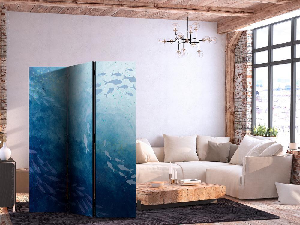 Room Divider - Schools of Fish - Luminous Clusters of Fish in Blue Hues Amidst the Sea Depths