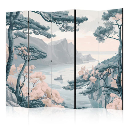 Room Divider - Mountainous Coast with Trees and Rocks - in Light Pastel Blues- A 5 Panel Folding Screen For Living rooms, bedrooms or home office, decorative folding screen made with wood and canvas