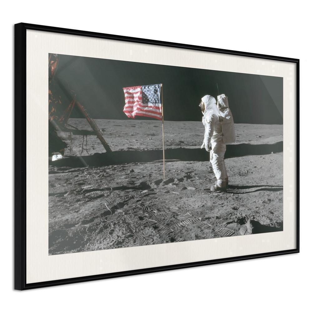 Black and White Framed Poster - Flag on the Moon-artwork for wall with acrylic glass protection