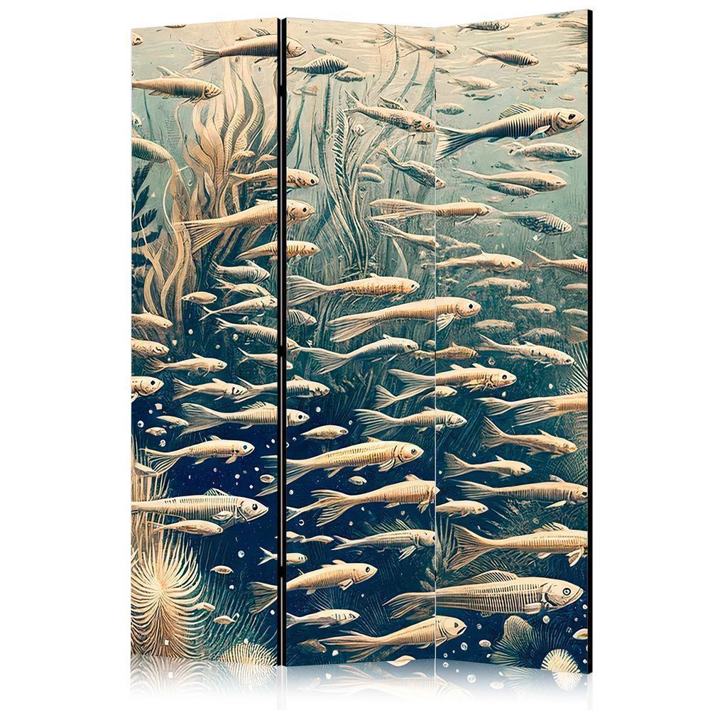 Room Divider - Life in the Ocean - Underwater World of Fish and Vegetation in Beige and Navy Colors in Retro Style