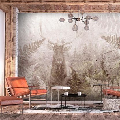 Wall Mural - Forest motif - deer with antlers among fern leaves on concrete pattern-Wall Murals-ArtfulPrivacy